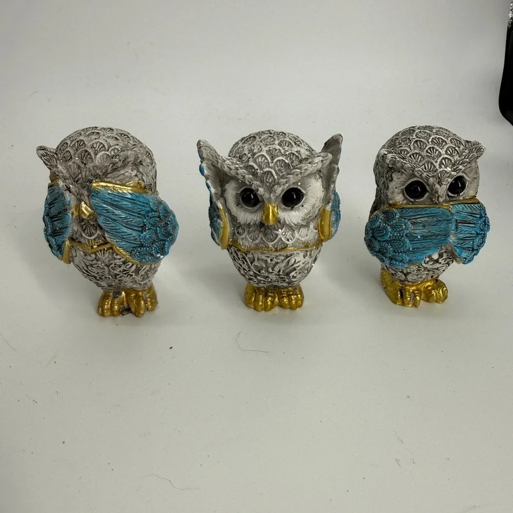 See, Hear & Speak No Evil Owl Set Figurine Statue Silver Gold‎ Blue 2.5